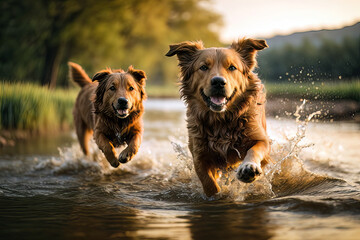 Closeup of Dog Friends Running Through the Shallow Water of a River, created with Generative AI technology