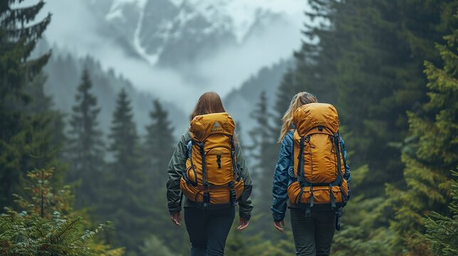 back view of two young people climbing a mountain