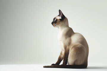 Elegant Siamese cat posing on a white background, sleek and slender body captured in a side profile, natural light creating soft shadows to emphasize its graceful features