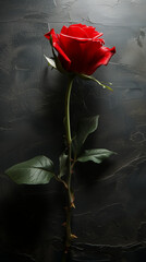 Single red rose against a dark, moody background, emphasizing the symbol of love and passion