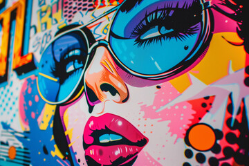 Close-up of a pop art-inspired wallpaper, showcasing a repeating pattern of iconic pop culture elements, neon colors on a bright background to emphasize the lively and dynamic nature of pop art