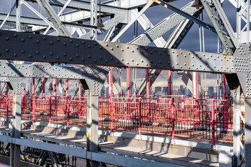 Detail of the Williamsburg Bridge, a suspension bridge across the East River in New York City , USA