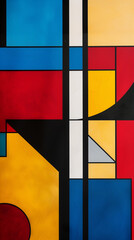 Abstract pop art composition featuring geometric shapes and primary colors, minimalist design with a focus on bold blocks of color and black outlines, clean and striking background