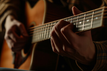 Close-Up of Hands Skillfully Playing an Acoustic Guitar, Fingers Dancing Across the Strings with...