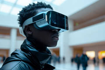 Young Man Experiencing Virtual Reality, A young man wearing a VR headset is engaged in an interactive virtual reality simulation, possibly exploring or gaming.