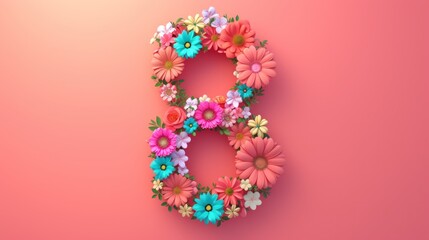Digital art of the number eight made with a colorful assortment of flowers on a soft coral pink background. Women's Day greeting card