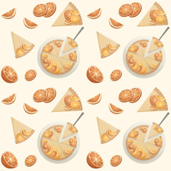 Light Seamless pattern with orange tart pie, tangerine, lemon. Baking, bakery shop, cooking, sweet products, dessert, pastry concept. Perfect for product design, scrapbooking, textile, wrapping paper