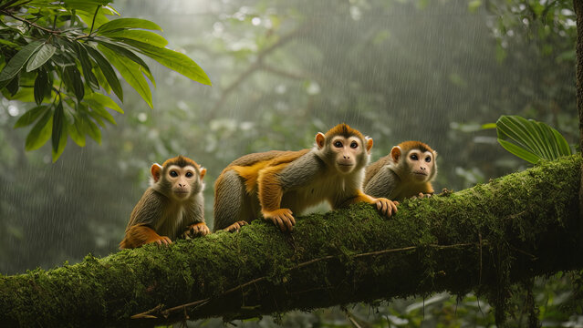 Squirrel Monkeys in their natural Amazon Rainforest Environment, created with Generative AI technology