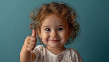 Caucasian toddler giving a thumbs up against a blue background, radiating positivity and cute gestures