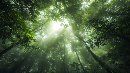 Fototapeta na wymiar Nature’s Ballet: Sunlight and Mist in a Dense Forest Canopy
