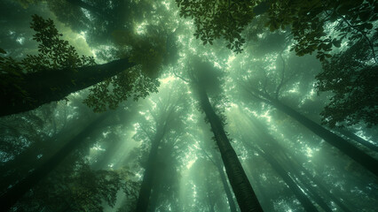 Nature’s Ballet: Sunlight and Mist in a Dense Forest Canopy