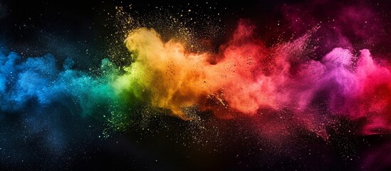 Abstract splashes of rainbow-colored dust powder explode, floating on a black backdrop with a textured appearance.
