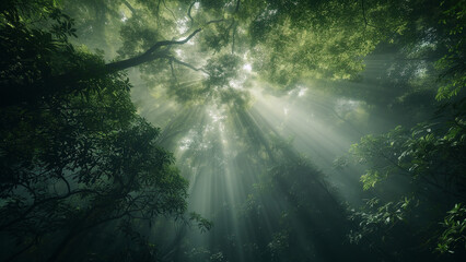 Nature’s Ballet: Sunlight and Mist in a Dense Forest Canopy - obrazy, fototapety, plakaty