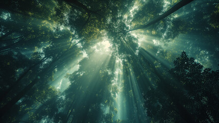 Sunlit Whispers: A Surreal Dance of Light and Mist in the Forest Canopy