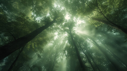Sunlit Whispers: A Surreal Dance of Light and Mist in the Forest Canopy
