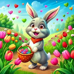 Little ester rabbit in the meadow and valentine's heart festival