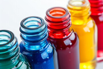 Row of colorful open paint bottles in shades of blue, green, red, and yellow, with a blurred white background, suitable for art and craft concepts