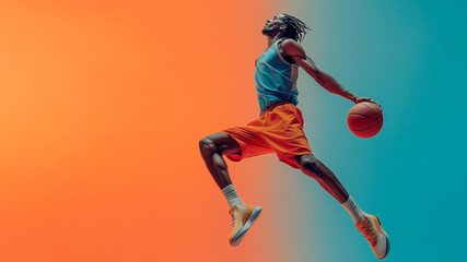 Dynamic basketball player mid-air with the ball against a vibrant orange and blue gradient background, ample copy space for sports themes and advertisements