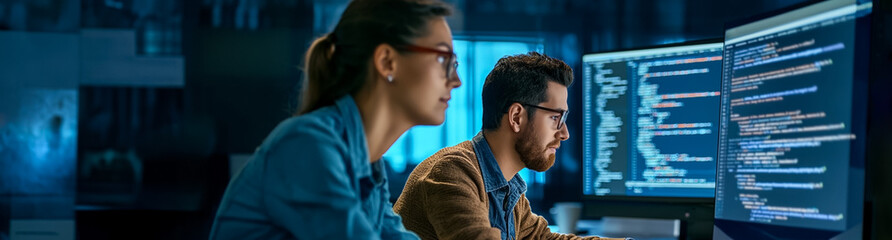 Professional male and female programmers collaborating on code in a dark office environment; concept of teamwork in software development, with copy space on the left