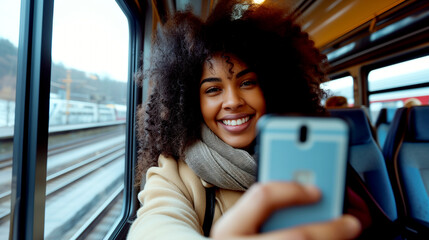 Happy woman taking selfie on train