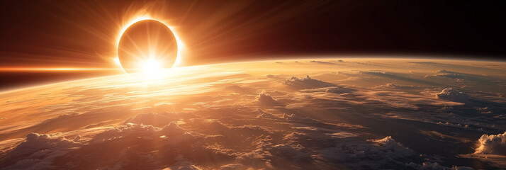 Breathtaking view of a solar eclipse above Earth's cloudscape, perfect for backgrounds with space for text on the right
