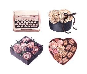 Rose bouquet in a heart box with macaroons,flowers box and typewriter. Watercolor hand-drawn illustration isolated on white background. Card for wedding, valentines day, woman birthday, mothers day