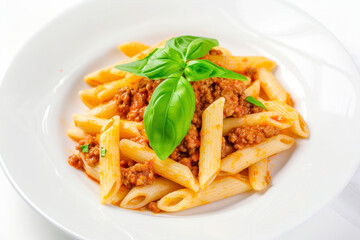 Top view of appetizing homemade pasta with Bolognese sauce served with fresh basil leaves on white plate.