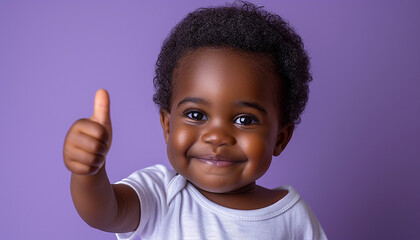 African toddler giving a thumbs up against a purple background, radiating positivity and cute gestures