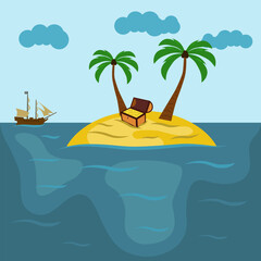Fototapeta na wymiar Vector landscape of treasure island. Sea picture for children. A remote island with a treasure chest.