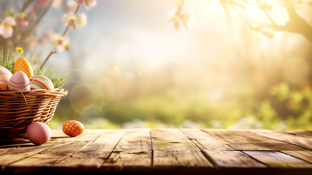 wooden table with colorful Easter eggs, spring sunny morning