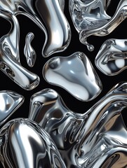 Metallic abstract liquid forms in 3D. Puffed metal items. Authentic depiction components.