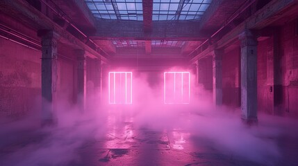 Fototapeta premium Empty concrete room with fog and pink neon light. May be used as background. 