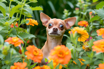 Funny looking scared and surprised chihuahua dog with big eyes in the flower garden peeping through plants.