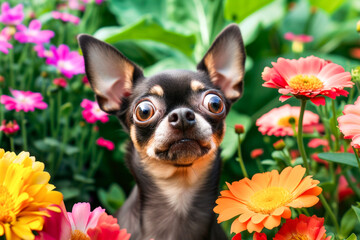 Chihuahua dog with funny surprised face expression among garden flowers. Scared animal.