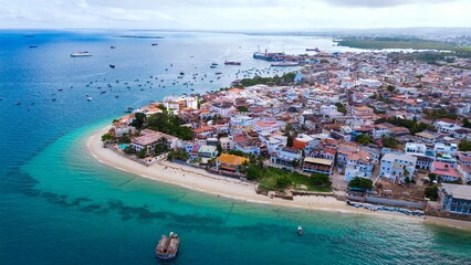 View of the tropical island of Zanzibar, featuring a serene bay