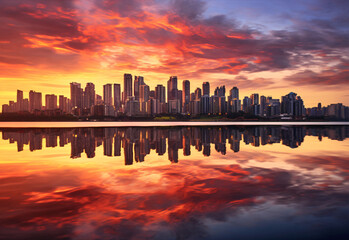 A glowing sundown illuminated the urban skyline with its cosy shades, mirrored in the waters below.