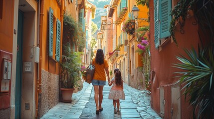 A female traveler and her child strolling through the narrow alleyways of Nice, France. Family vacation theme.
