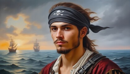 Medieval young pirate captan in bandana dreamy looking to horizon. RPG character portrait 