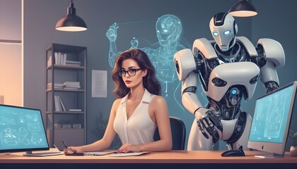 Pinup futuristic office teamwork with AI. Woman and robot. Illustration.