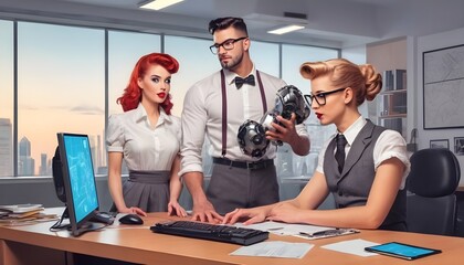 Pinup futuristic office teamwork with AI. Two women and one man. 