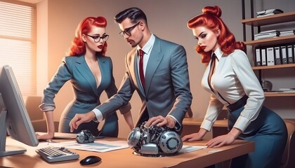 Pinup futuristic office teamwork with AI. Two women and man with gadget. Illustration