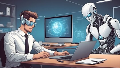 Pinup futuristic office teamwork with AI. Man and AI on computer work.
