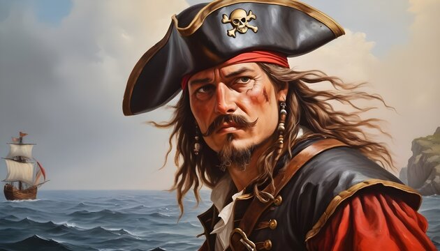 Brave pirate captain looking to the horizon . RPG character portrait.  Close up