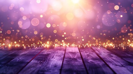 Festive horizontal template with golden round bokeh lights decoration and floor on light Purple background  - obrazy, fototapety, plakaty