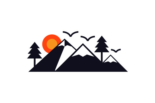 Mountain tree nature sun vector design. Mountain Mountains environment trees icon symbol logo template. Mountain adventure silhouette editable vector design. 