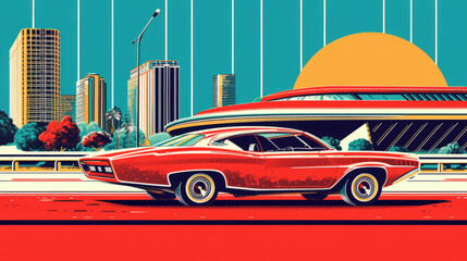Illustration of a futuristic city with a car. In a retro style