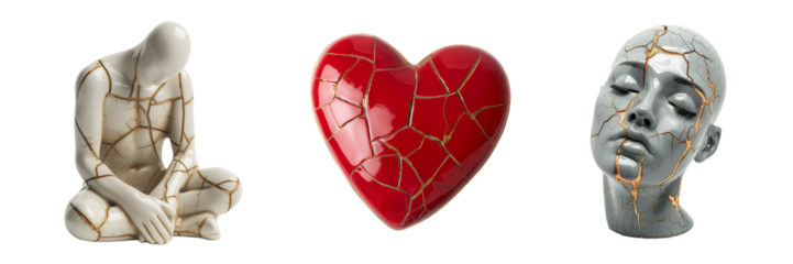 Human body, head and heart objects broken and repaired with gold using kintsugi technique. Healing and resilience concept.