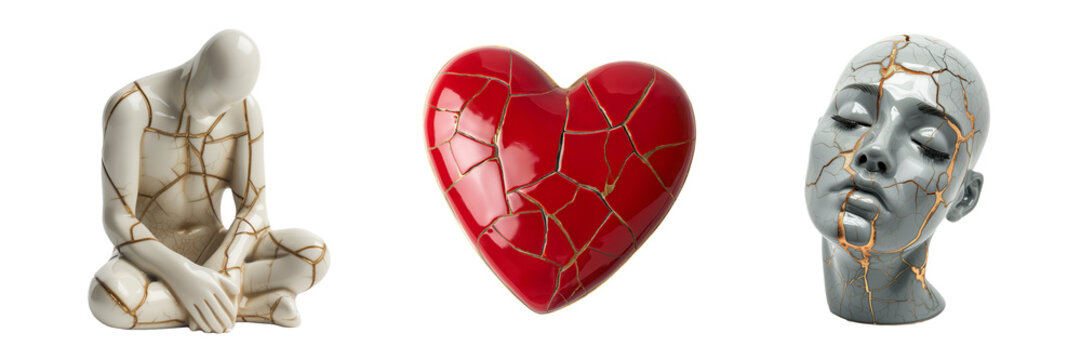 Human body, head and heart objects broken and repaired with gold using kintsugi technique. Healing and resilience concept. - Powered by Adobe