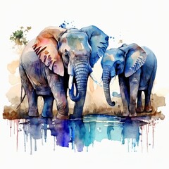 three elephants walking next to each other near watercolor stains