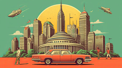 Illustration of a futuristic city with a car. In a retro style